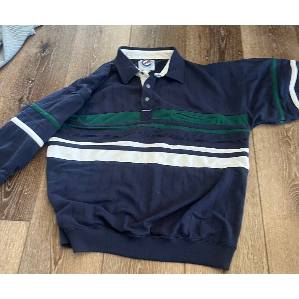 Greenline International Mens Striped Rugby Shirt XL Navy Blue Long Sleeve Ribbed - Picture 3 of 10